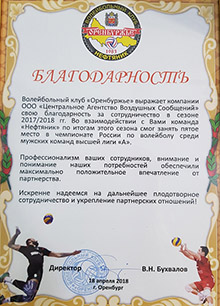 Благодарность Волейбольный клуб Нефтяник 2018